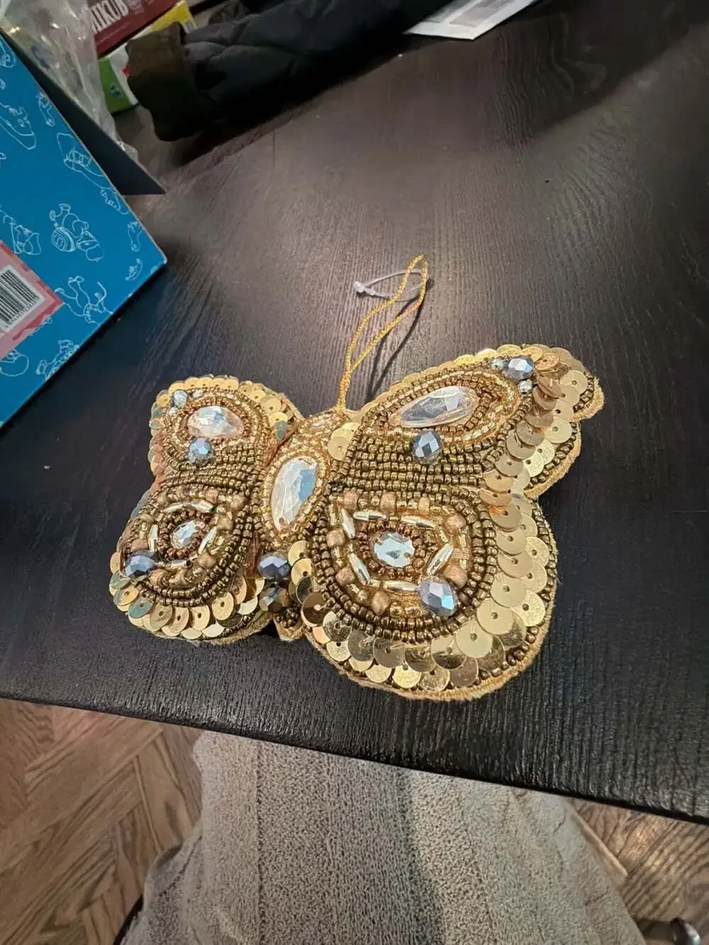 West Elm Beaded Butterfly Christmas Ornament Gold Sequin Rhinestone NEW